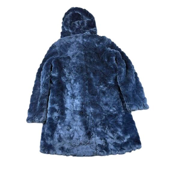 Sisley Hooded Coat Women 2 Blue Faux Fur Clip Buttons Gray Wool Lined Hood Plush - Picture 2 of 9